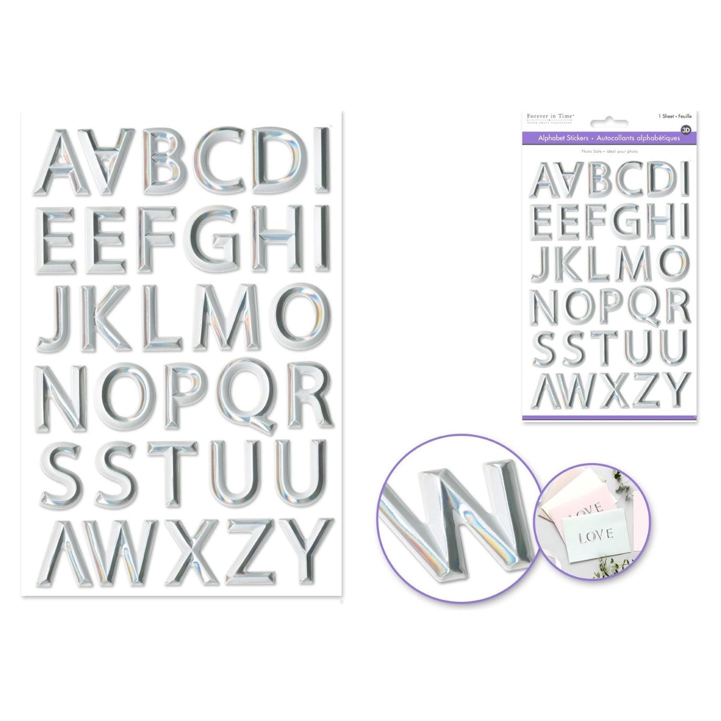 Paper 3D Alphabet stickers (White w/Silver Foil) 1 Sheet