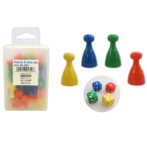 24 Pawns + 4 Dice Set In Box, Assorted Colors