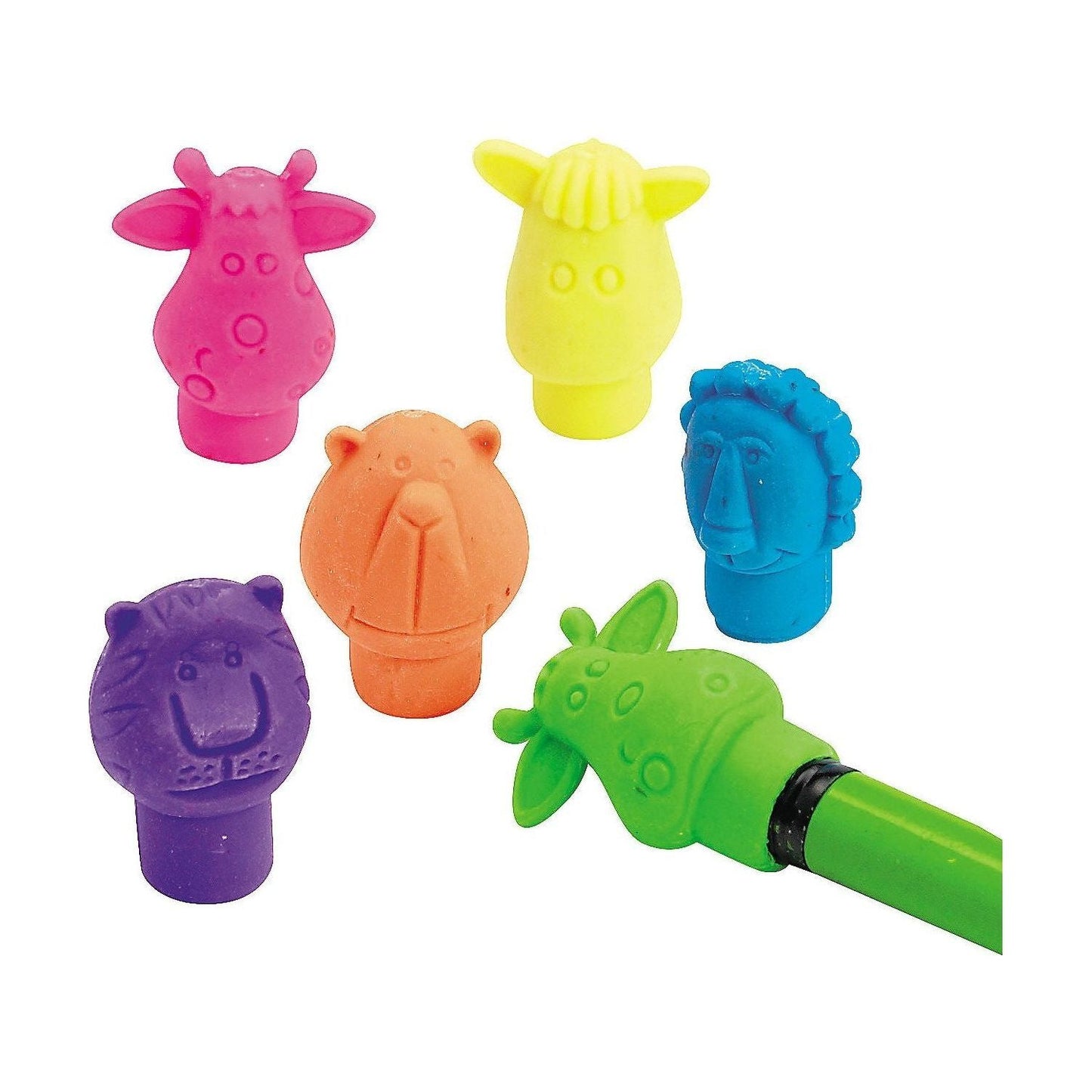 1" Bulk 144 Pc. Neon Zoo Animal Characters Pencil Top Erasers