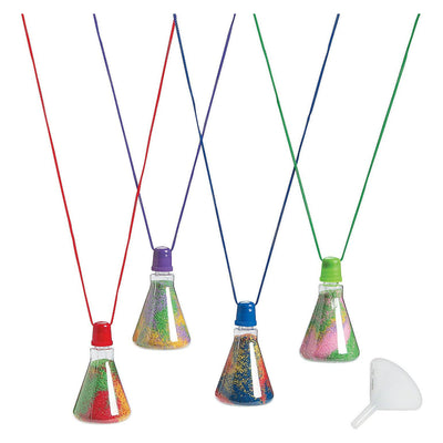 Plastic Beaker Sand Art Bottle Necklaces, Includes 1 plastic funnel, Assorted, Plastic, 1 1/2" x 2 1/4" with a 30" satin cord, 12/pk