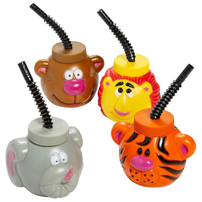 Zoo Animal BPA-Free Plastic Cups with Lids & Straws, 3 1/2". 14 oz, Multicolor, Assorted styles, 12/pk