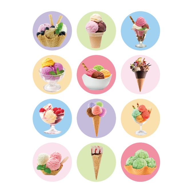 Ice Cream Stickers 1 1/2" Round 32mm Color Print 10/pk