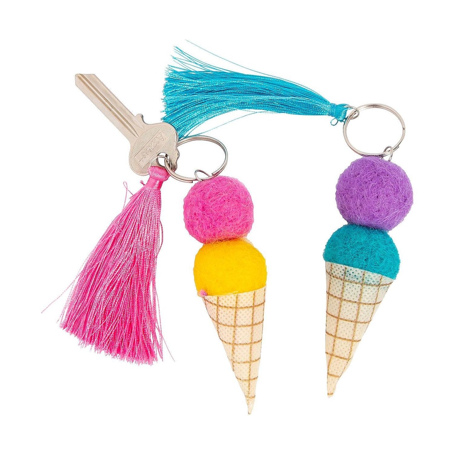 Pom-Pom Ice Cream Cone Keychain Craft Kit, Assorted, 2 1/4" x 4 1/4" 6pc