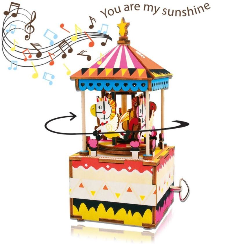 DIY 3D Wooden Puzzle Music Box Merry-Go-Round