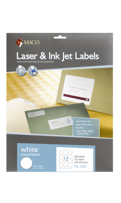 2.5" Round White Labels 12 per Sheet 25/shts