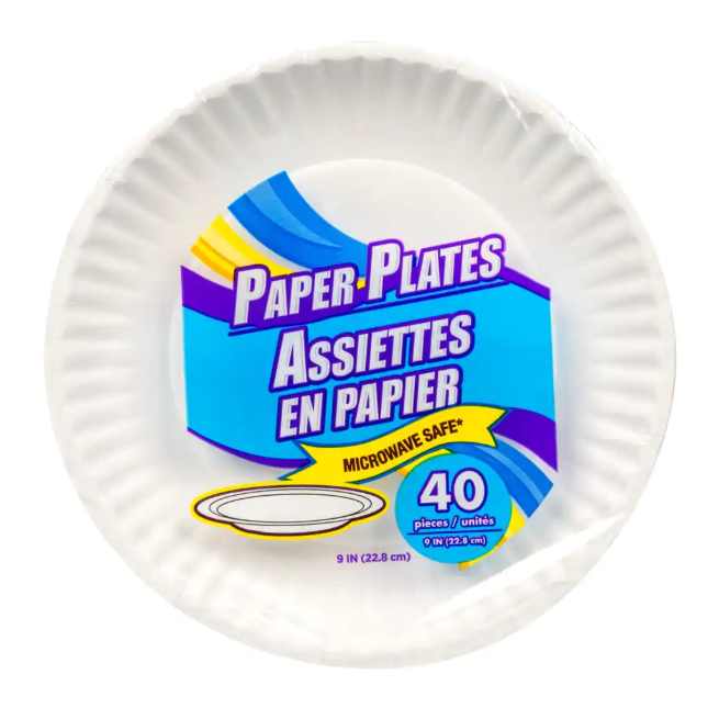 White Paper Plates, 9" 100/pk.