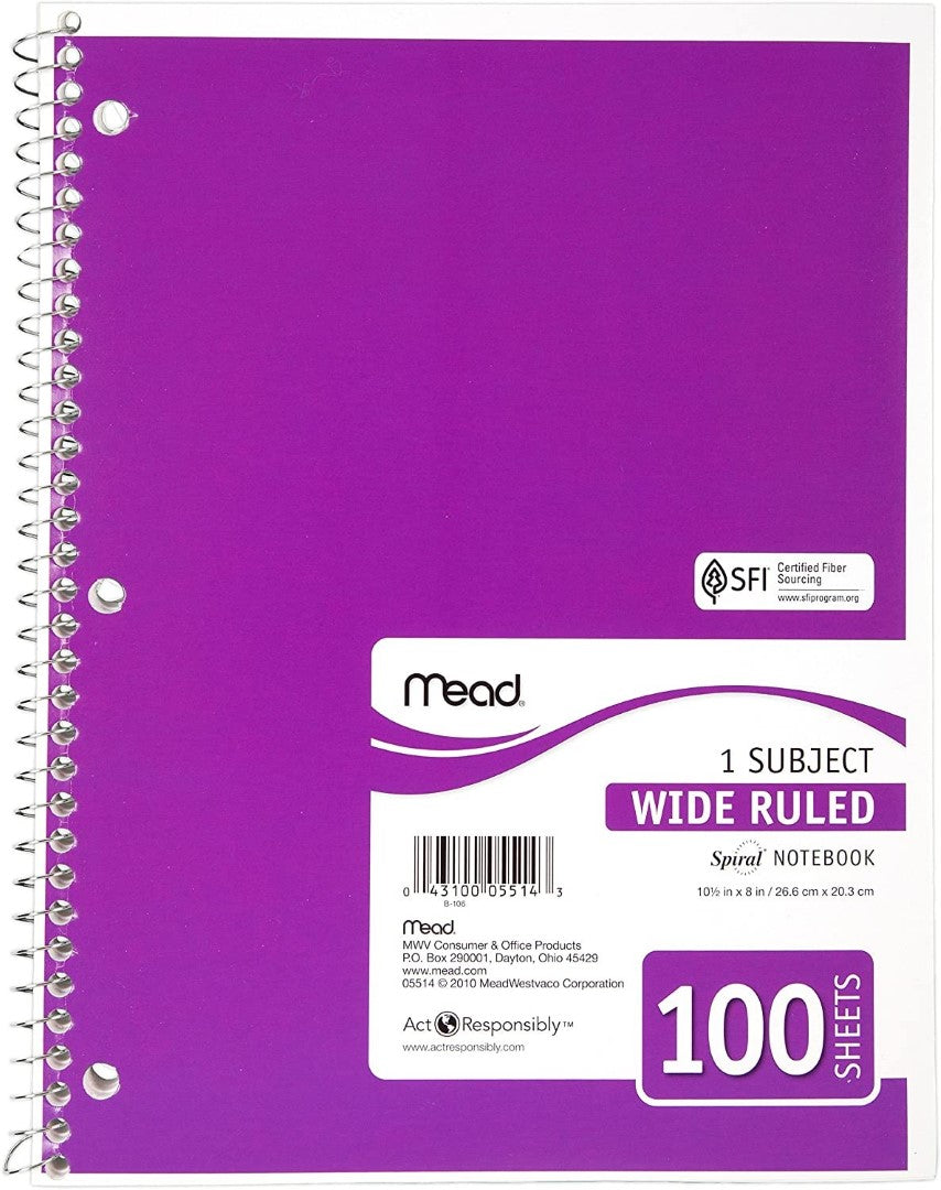One Subject Spiral Wide Ruled 100 Sheets (Purple)