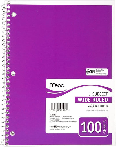 One Subject Spiral Wide Ruled 100 Sheets (Purple)