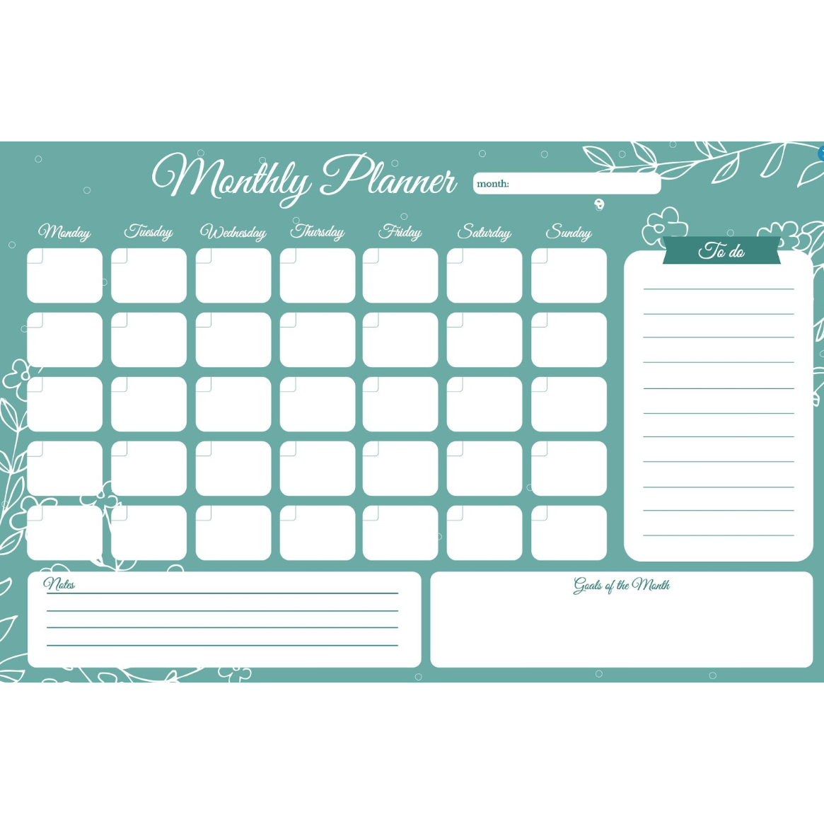 teal monthly calendar 12" x 18"