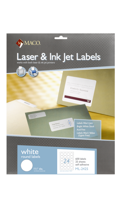 White Round Labels, 1-2/3" Dia., 24/Sheet, 600 Labels