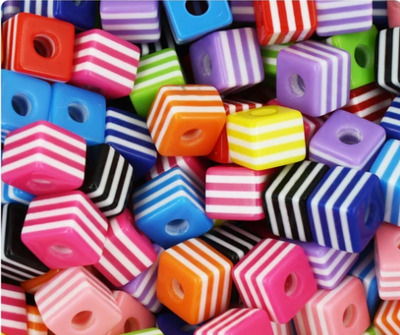 Mixed colors & white striped 10mm cube resin beads (100pcs) (closeout)