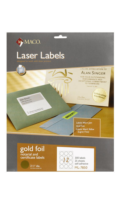Gold Foil Certificate Labels, 2-1/2"  Round, 12/Sht, 300/Pk