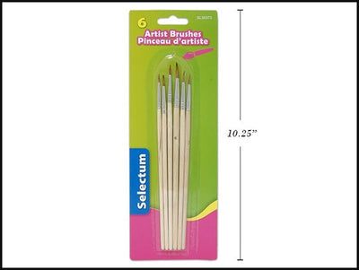 6 Art Brushes Round Point, Natural Wood Handle  (Discontinued)