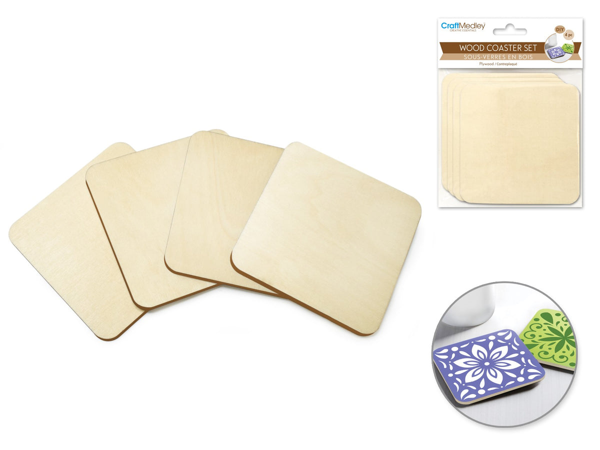 Plywood Coasters Square 3.5" 4/pk