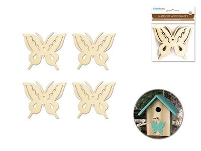 8cm Laser-Cut Ornate Wood Shapes x4-Butterfly