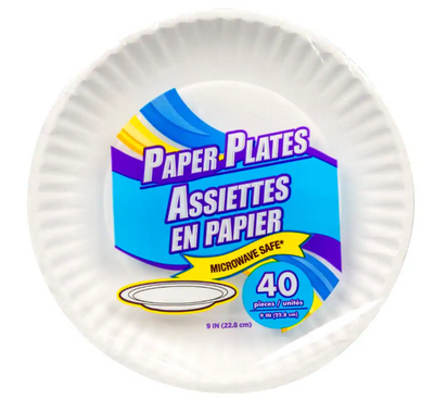 White Paper Plates, 9" 100/pk.