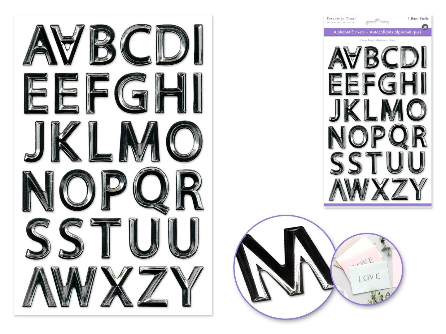 Paper 3D Alphabet stickers (Black w/Silver Foil)