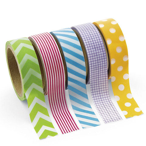 Paper Primary Patterned Washi Tape 5/8" 16ft 5/pk