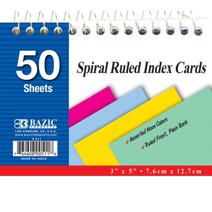 Spiral Bound 3 X 5 Ruled Colored Index Card 50 sheets